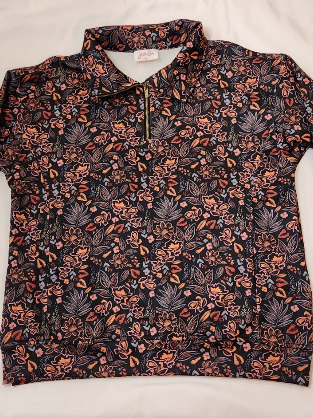 Jess Lea Womens Size Large Pullover Tunic Sweatshirt Black Floral Orange Grey
